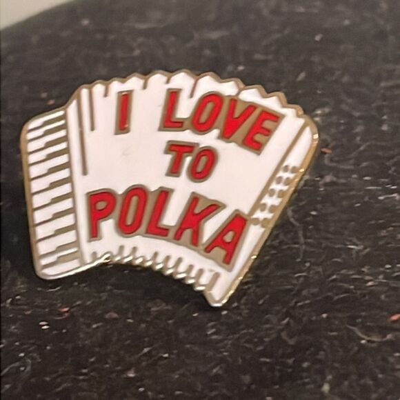 Vintage-1970s-gold tone & white/red enamel “I Love to Polka” hat/lapel/tie pin - Picture 4 of 11